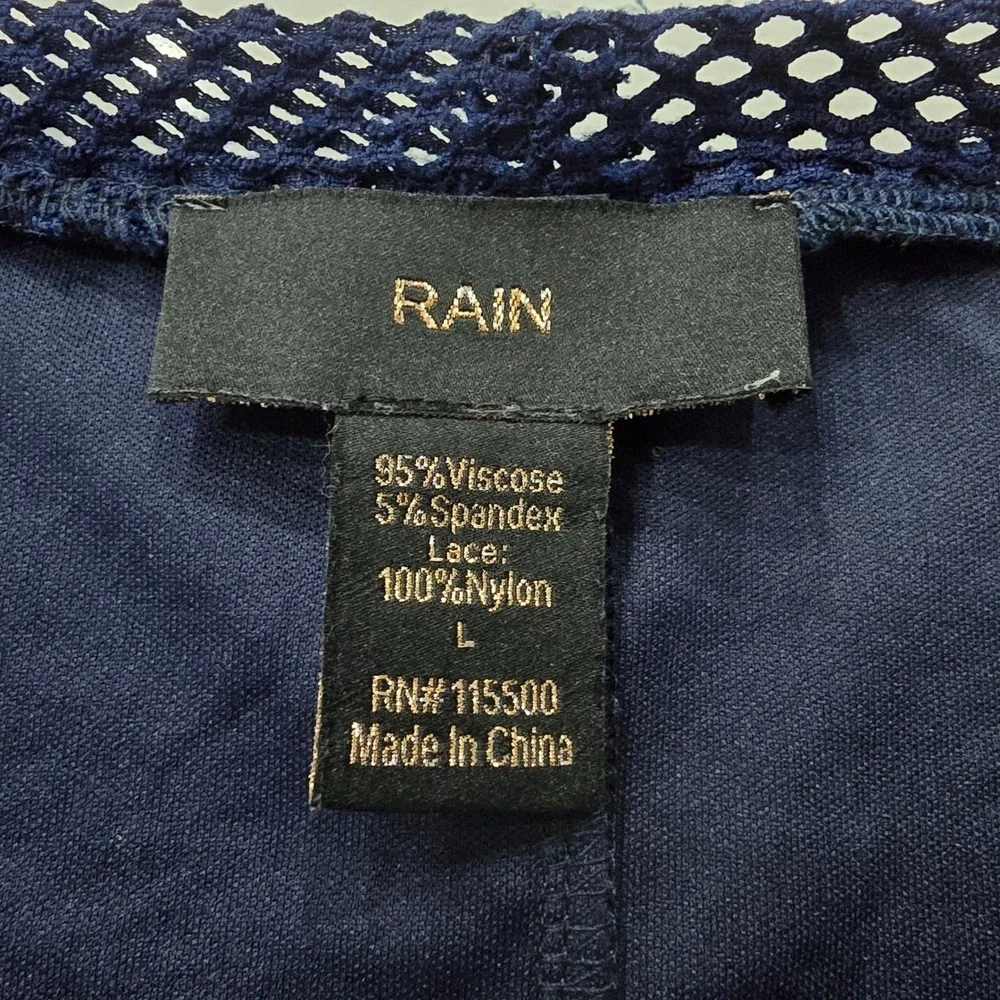 RAIN Navy Blue Mesh Lace Overlay Top Wide Bell Sleeve Crew Neck Size Large